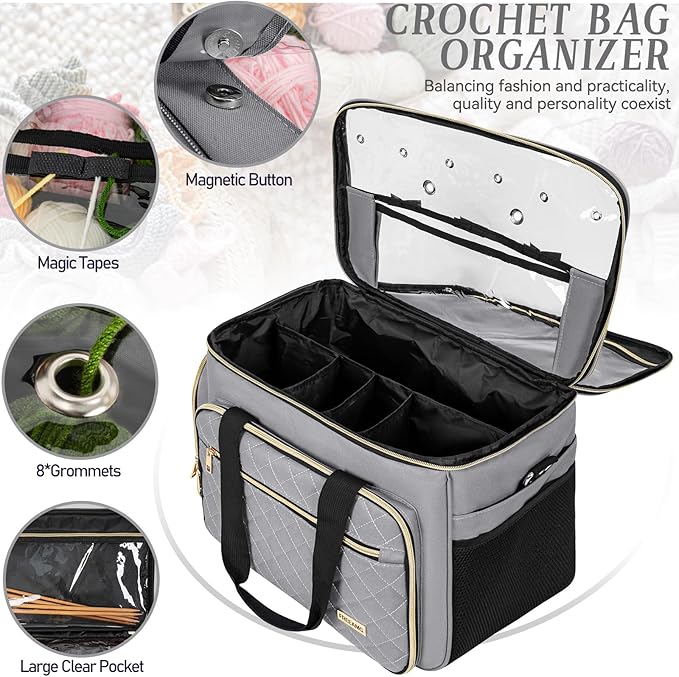 Knitting Bag Yarn Storage Tote, Large Crochet Organizer Bag, Yarn Holder Case for Knitting Needles, Knitting Project Bag with Inner Divider for Crochet Hooks, Knitting Accessories, Grey