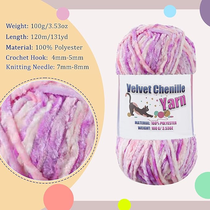 4 * 100g Fluffy Velvet Chenille Yarn for Crocheting and Knitting, Handcrafts Weaving Soft Chenille Yarn for Crocheting Clearance, Used for Making Baby Yarn Blanket, Clothes, DIY Craft (Pastel Purple)
