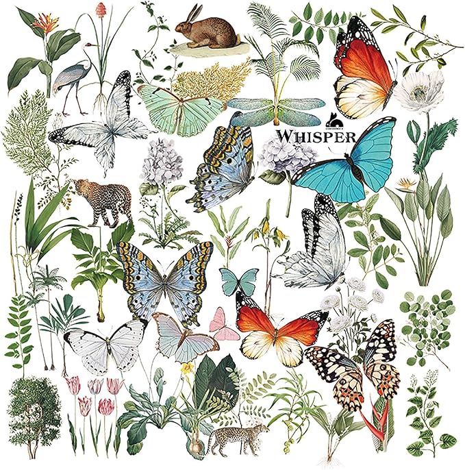 Doraking 50PCS Vintage Tropical Plants Butterfly Green Plants Stickers for Decoration Laptop Scrapbook, Doraking No-Repeat Vintage Butterfly Stickers