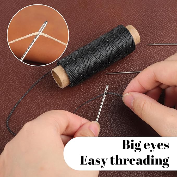110Yards Waxed Thread with 7 Pcs Leather Needles for Hand Sewing 150D Flat Sewing Waxed Thread Leather Repair Needles for Sewing Upholstery Leather Canvas Bags Sofa Furniture（Black+Khaki）