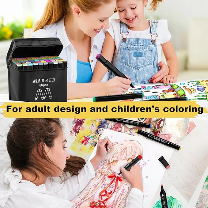 Alcohol Markers Set, 60 Colors Dual Tip Art Marker for Kids Sketching Adult Coloring, Permanent Drawing Marker with Case and Holders
