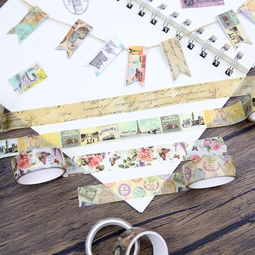 Vintage Washi Tape Set,12 Rolls Holiday Travel Aesthetic Decorative Tape Retro Poster Map Stamp Clocks Architecture Masking Washi Tape for Journaling Supplies, Scrapbooking, DIY Arts & Crafts