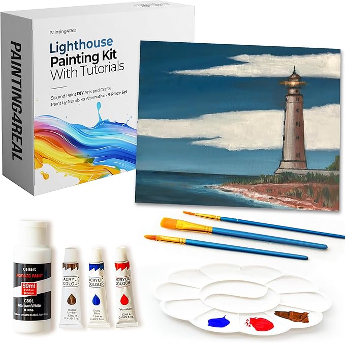Painting4Real DIY Art Painting Kit for Adults – Learn to Paint Lighthouse with Video Tutorials – 9 Pieces Acrylic Paint Set for Adults –Perfect Christmas Crafts & Holiday Gifts for Art Lovers