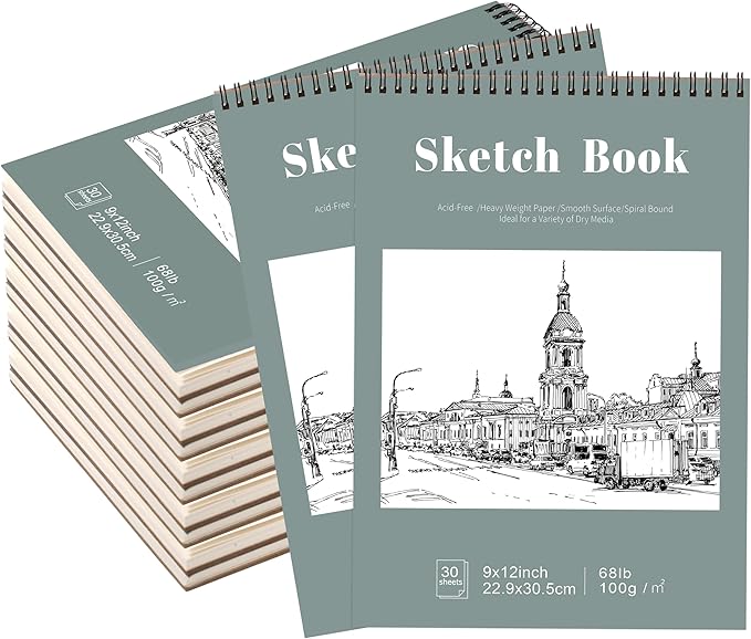12 Pack Sketch Book, 9 x 12 Inch Sketchbook, 68lb/100gsm Top Spiral Bound Sketch Pad, Acid Free Art Supplies Drawing Painting Sketching Paper for Adults, Beginners, Artists (30 Sheets Each)