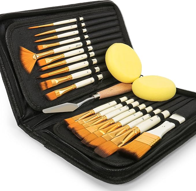 21 Piece Paint Brush Set, ARTIFY 18 Acrylic Paint Brushes, Palette Knife, and 2 Sponges, Professional Artist Paint Brushes for Acrylics, Watercolors, Gouache, Canvas, and Face Painting, Ivory White