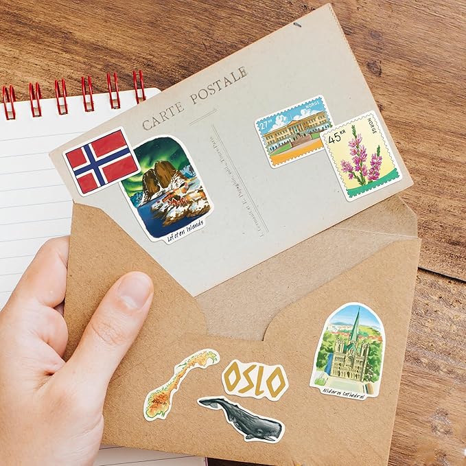 Navy Peony Nordic Norway Travel Stickers (28pcs) - Watercolor, Scandinavia, Norwegian-Themed Vacation Decals for Journals, Scrapbooks, Waterbottles