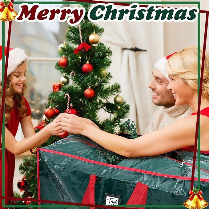Amylove 4 Pcs Large Christmas Tree Storage Bags Heavy Duty Xmas Zippered Bags Bulk Waterproof Plastic Christmas Tree Container with Carry Handles(9 ft,Green)