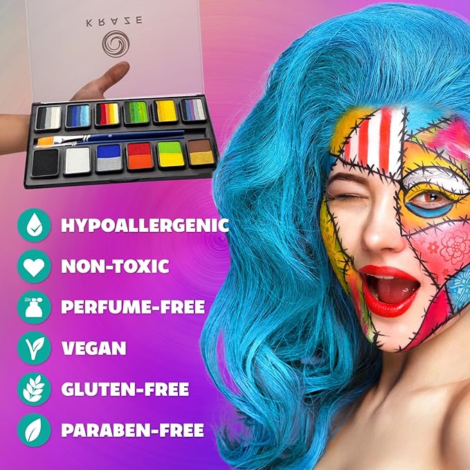 Kraze FX Transform Palette - 12 x 10 gm, Professional Face Painting, One Stroke Split Cake Palette, Water Activated, Hypoallergenic, Safe, Non Toxic Face Paint Kit for Kids & Adults