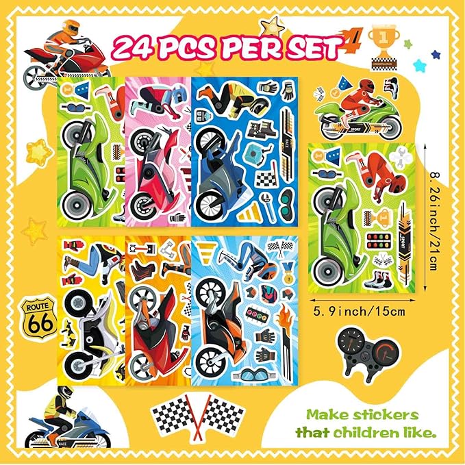 24 Sheets Make Your Own Motorcycle Stickers for Kids Toddler, Motocross Stickers Make a Face Stickers, Dirt Motobike Stickers for Kids Teens Motorcycle Stickers Kids Party Favor Supplies Crafts