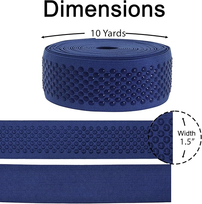 Mandala Crafts 1.5 Inch Elastic Silicone Gripper Tape for Clothing - 10 Yds Dotted Non Slip Elastic Band for Sewing - Navy Blue Silicone Flat Fabric Stretchy Ribbon Straps