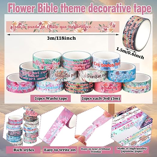 Janlaugh 24 Rolls Christian Washi Tape for Bible Journaling Gifts Bulk Religious Inspirational Scripture Supplies Spanish Floral Bible Verse Washi Tape for Study Crafting Spring Gifts Favors