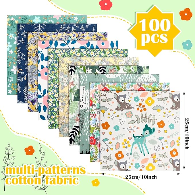Oudain 100 Pcs 10 x 10 Inches Cotton Fabric Squares Bulk Floral Fabric Scraps Precut Fat Squares Material for Sewing Sheets for DIY Craft Scrapbooking Quilting Patchwork Clothing(10 Inch,Cute)