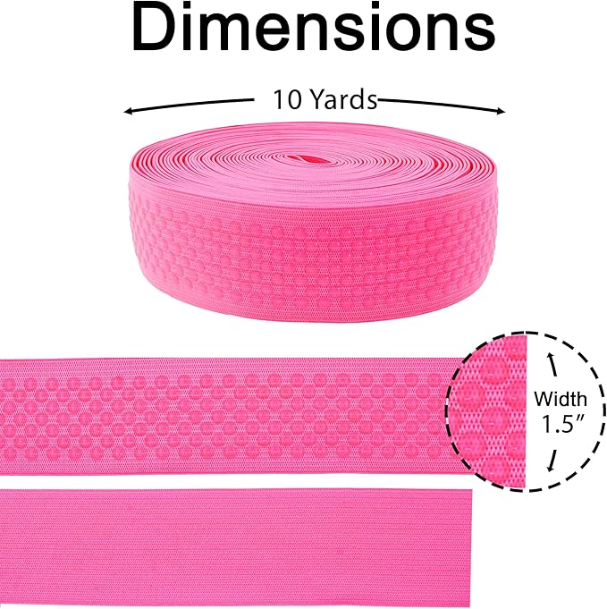 Mandala Crafts 1.5 Inch Elastic Silicone Gripper Tape for Clothing - 10 Yds Dotted Non Slip Elastic Band for Sewing - Hot Pink Silicone Flat Fabric Stretchy Ribbon Straps
