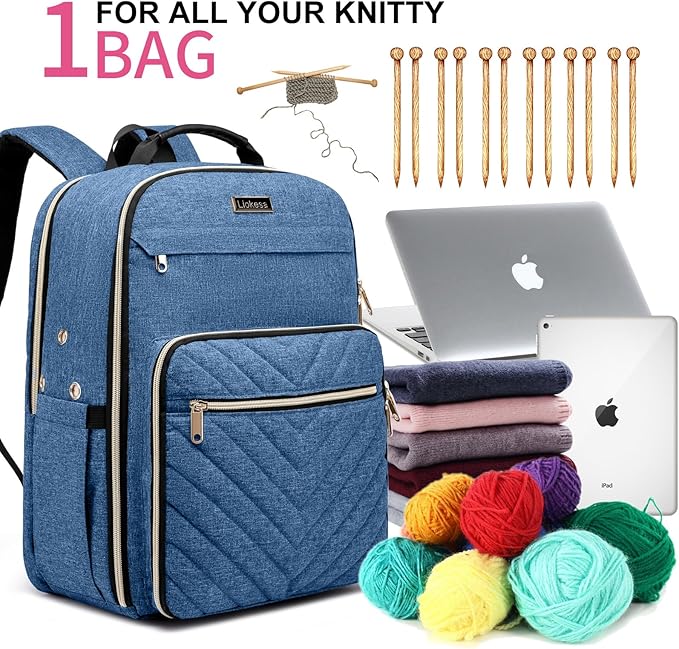 Knitting Bag Backpack, Crochet Bag Tote, Large Yarn Storage Tote Bag with USB Charging Port, Yarn Holder Case for Carrying Projects, Knitting Needles, Yarn Supplies, Blue