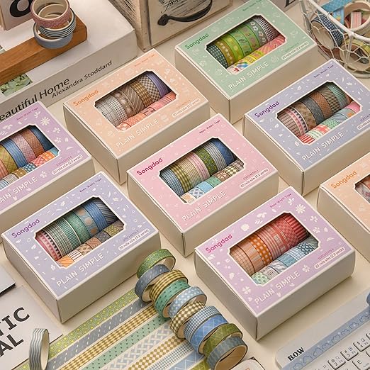 20 Rolls Basic Washi Tape Set Japanese Arts Adhesive Tapes Simple Patterns Decorative Masking Tape Sets for Craft, Kids, Scrapbook, DIY, Gift Wrapping (Style Six)