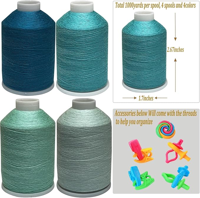 Sewing Thread 4 Colors Set 40s/2 for Sewing Machine，Quilting，Hand Sewing Total 4000yards （Cyan Series）