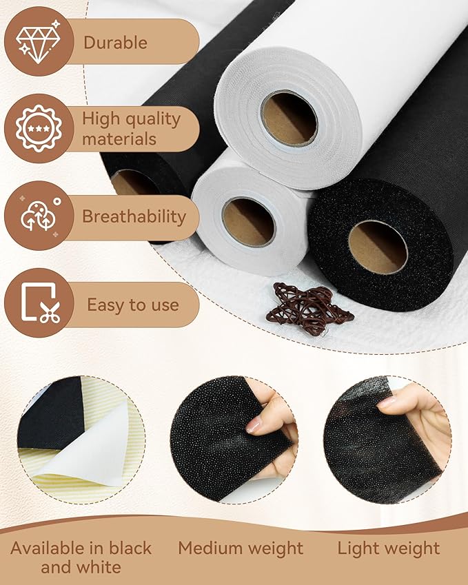 FIVEIZERO Medium Weight Black Iron-On Non-Woven Fusible Interfacing: 12in x 30yd Medium Weight Non-Woven Interfacing Iron On Polyester Single-Sided Interfacing for DIY Crafts Supplies