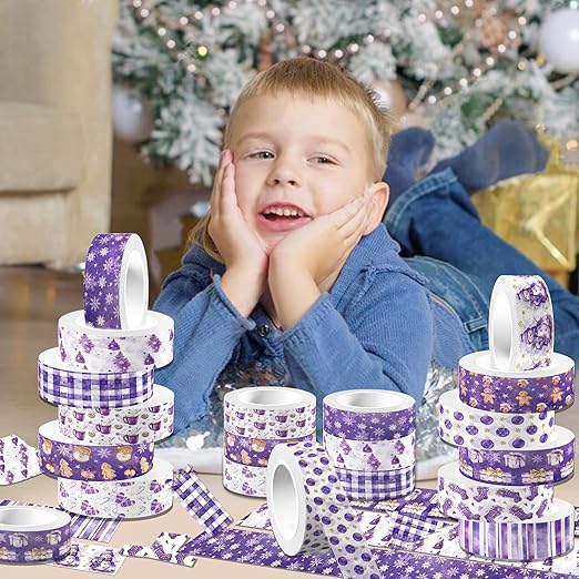 12 Rolls Purple Christmas Washi Tape Decorative Tape,Gingerbread Man Snowflake Christmas Tree Snowman Pattern for DIY Art Craft Gift Wrapping Scrapbook Journal Party Supplies Xmas Supplies