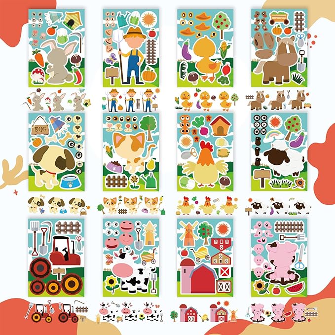 36 PCS Farm Animal Stickers Sheets, Make-a-face Sticker, Make Your Own Stickers for Kids Farm Themed Party Favors Supplies Craft Birthday Gift for Girls Boys