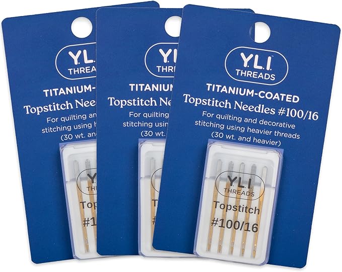YLI Topstitch Needles, Titanium-Coated #100/16 – Large Eye & Deep Groove Fits All Home Sewing Machines – Pack of 15 Needles