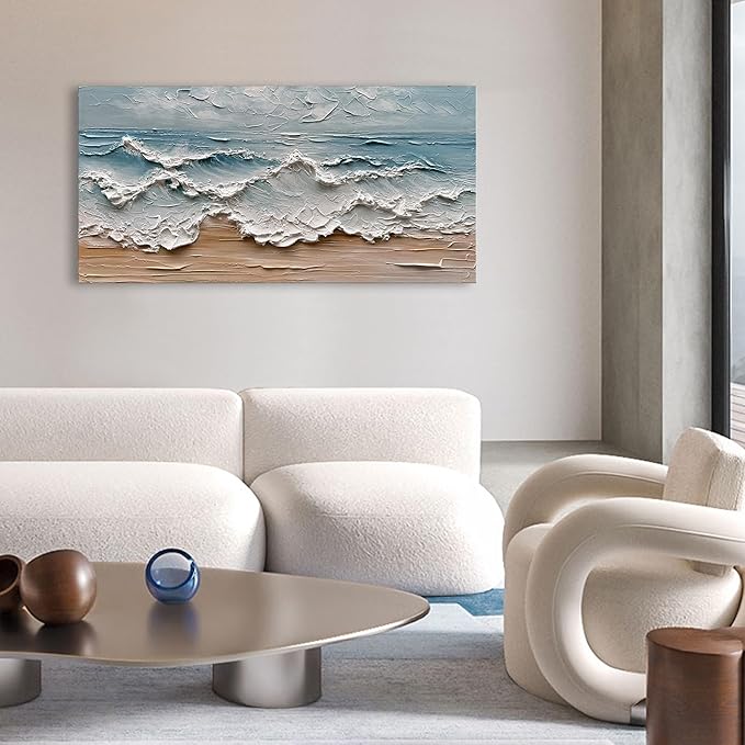 Art 24x48 inches Hand-Painted Sea Wave Beach Landscape Oil Painting Modern Abstract Canvas Art Large Oil Painting Home Office Wall Decoration