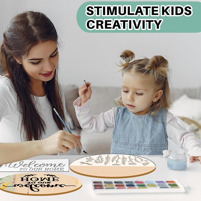 12 Inch Wood Circles for Crafts, 10Pcs Unfinished Wood Rounds with 12Pcs Welcome Stencils & 12Pcs Painting, DIY Wooden Crafts for Door Hanger, Wood Burning, Painting, Christmas Thanksgiving Day Decor