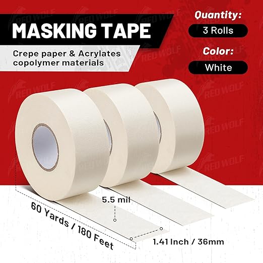 RED WOLF 1.41" x 60 Yards Masking Tape 3 Pack, General Purpose for Painting Arts Crafts Label Car Painting, Sharp Paint Line No Residue Painters Tape White Beige Crepe Paper Tape Heat Resistance