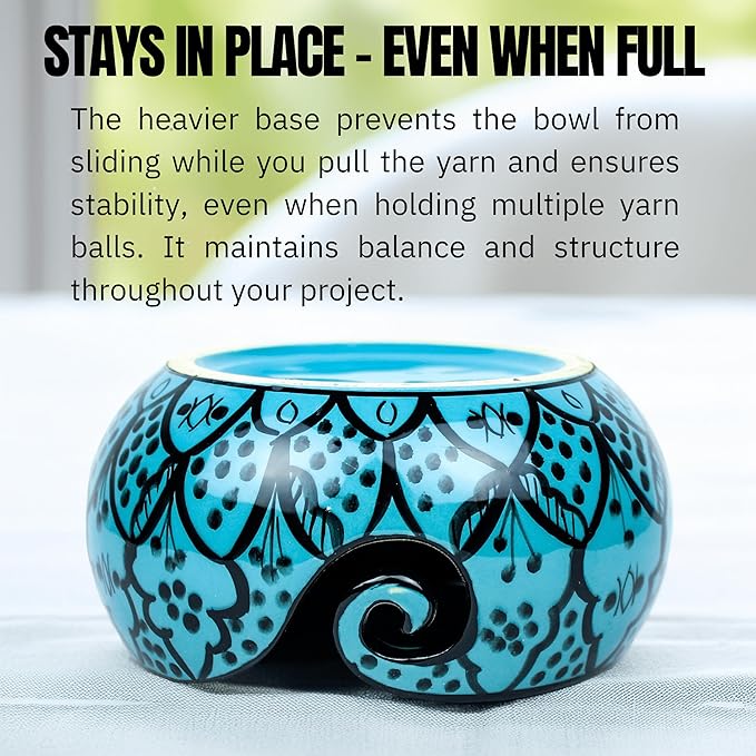 Nagina International Ceramic Attractively Hand Painted Gorgeous Stoneware Yarn Ball Storage Bowl With Innovative Dispensing Curl | Knitting & Crochet Accessions (Large, Greek Blue)