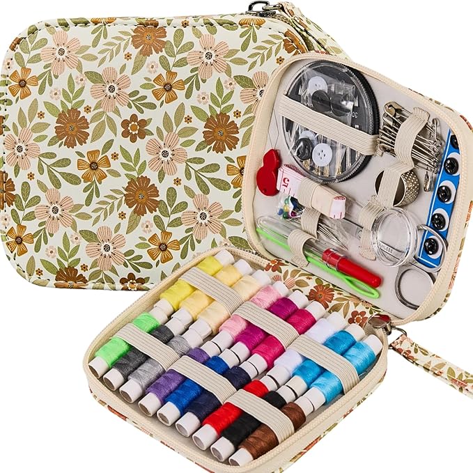 Arts Craft Printing Sewing Kit Floral Pattern Sewing Set Professional Travel Sewing Supplies with 18 Colors Sewing Thread, Basic Sewing Accessory for Emergency, Home