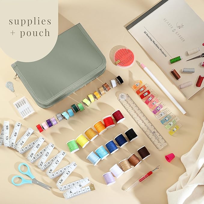 Hearth & Harbor Mini Sewing Machine for Beginners, Dual Speed Small Portable Sewing Machine for Kids and Adults with Extension Table, 122 Piece Gift Set Includes, Fabrics, Project Book and More, Green
