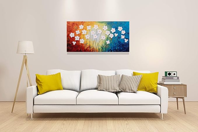 Yihui Arts Hand Painted Textured Flower Oil Painting on Canvas - Colorful Abstract White Floral Artwork for Home Decor, Modern Wall Art for Living Room, Bedroom, Office