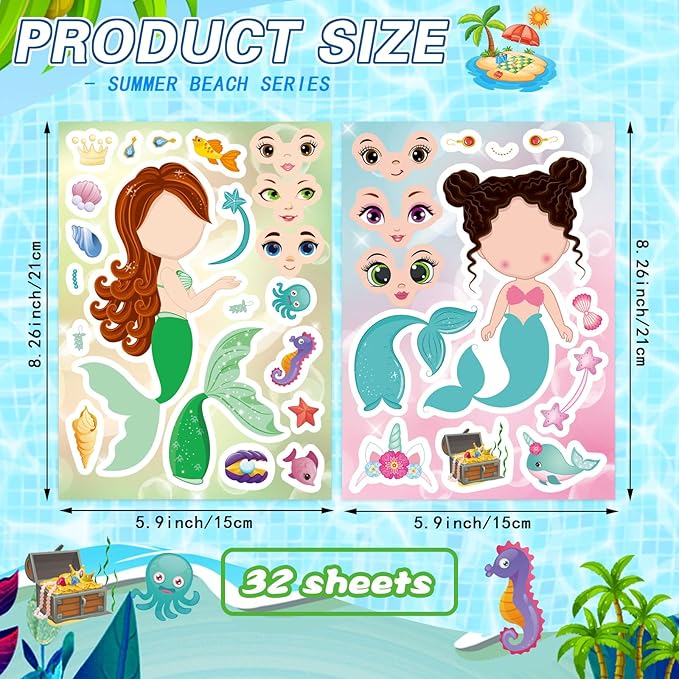 DUJAA 24 Sheets Mermaid Stickers for Kids, Make Your Own Mermaid Stickers, Mermaid Themed Art Craft Supplies
