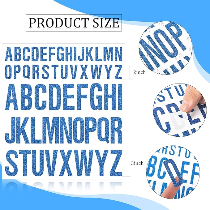 8 Sheet Glitter Letter Stickers Vinyl Alphabet Stickers Waterproof Self Adhesive Stick on Letters for Poster Bulletin Board Mailbox School Classrooms Decor(1 Inch, 2 Inch,Blue)
