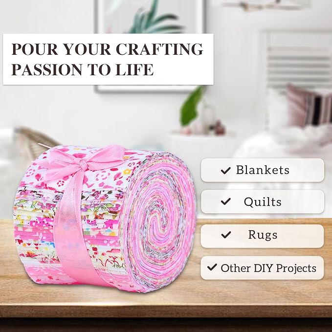 SANDOO 40 Strip Jelly Roll Fabrics for Quilting - Pink Quilting Fabric for Art,Craft & Sewing,Jellyroll Fabric for Quilting Clearance,Soft Cotton Precut Floral Cloth for Blanket,Rug,Home Decor,2.5x20
