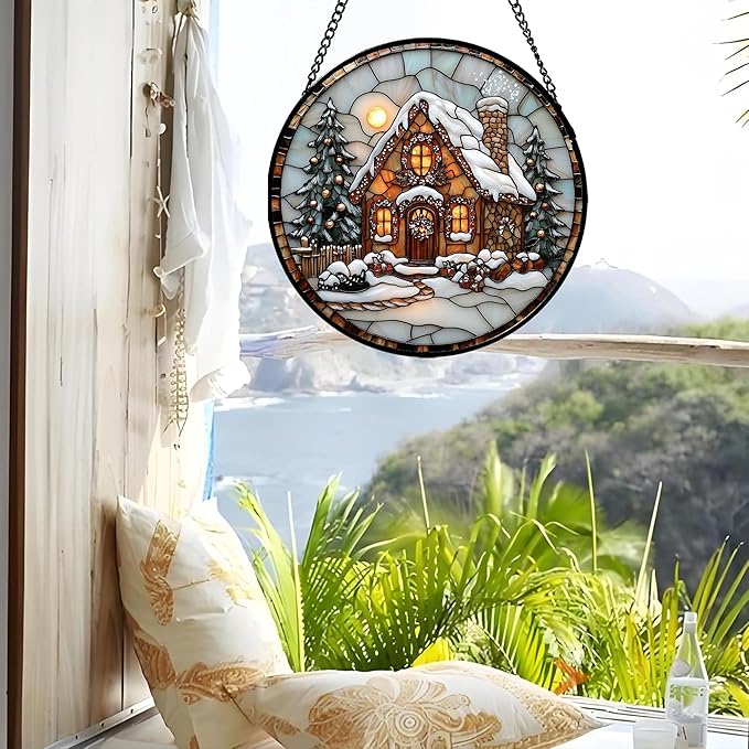 Stained Glass Window Hanging - Christmas Tree Cottage Sun Catcher for Door Garden Home Winter Decor Snowy Night Suncatcher Mother's Day Birthday Gifts for Women Men Mom Nana 15 in
