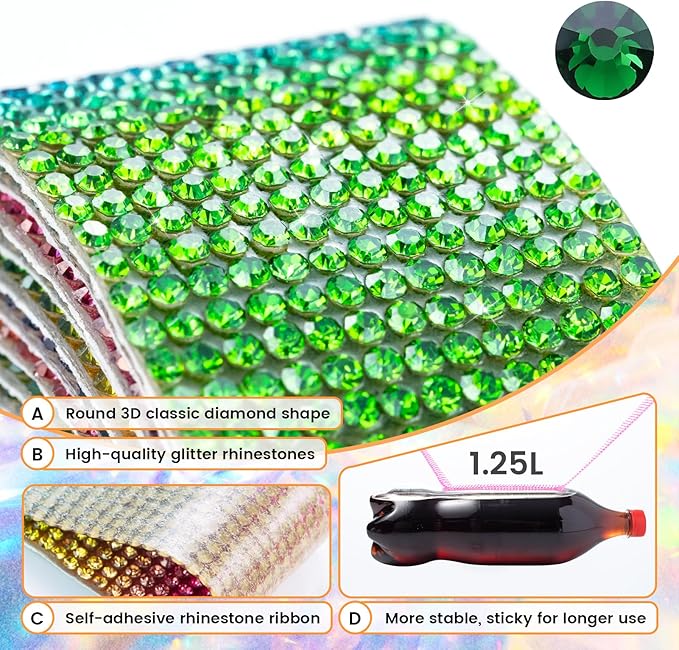 Novani Self Adhesive Rhinestone Ribbon, 0.35 Inch Wide 3 Yards 1 Roll, Rainbow Crystal Diamond Bling Strips for DIY Crafts,Home Decor,Glitter Glass Rhinestones Tape for Crafting,Car Decoration