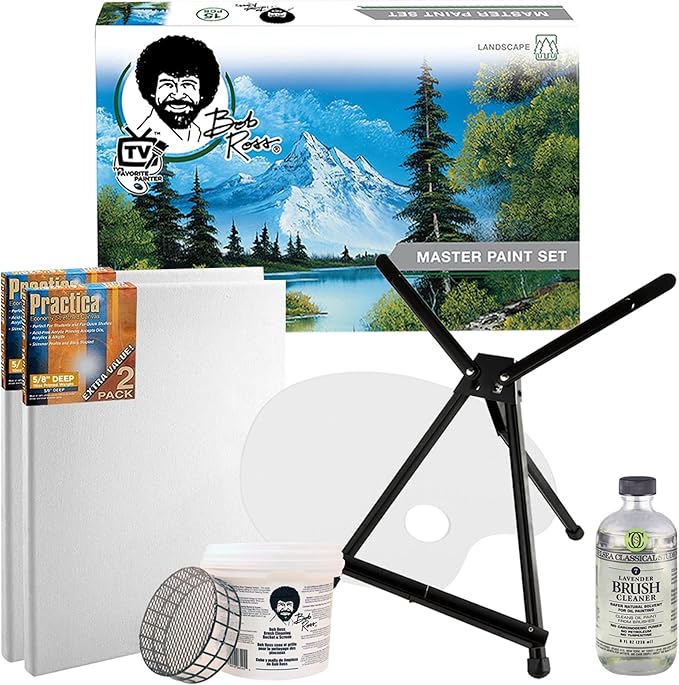 Jerry's Artarama Exclusive Set of 6 Bob Ross Oil Painting Set with Easel, 32oz Lavender Brush Cleaner, Acrylic Palette, Brushes, Canvases, and Cleaning Bucket and Screen