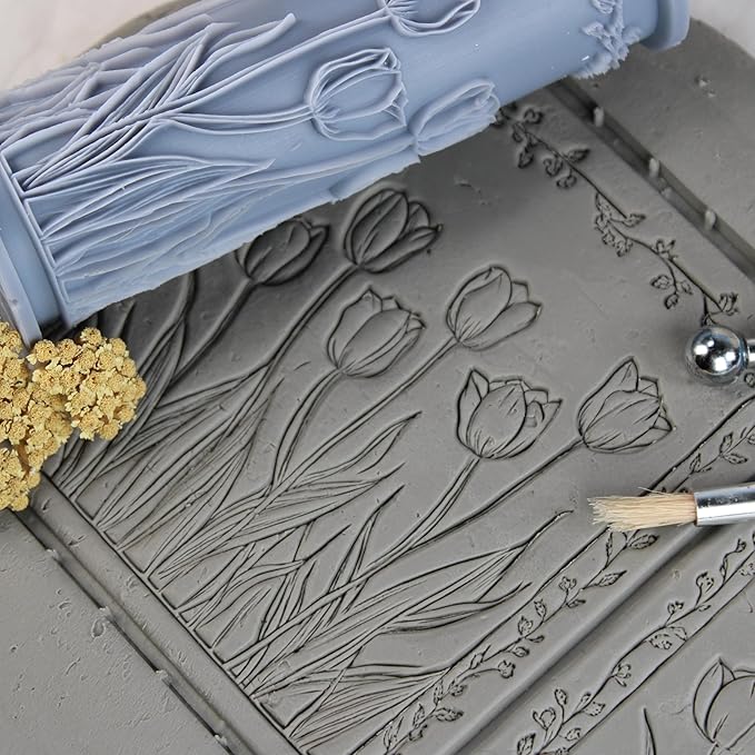 Tulip Clay Texture Roller (4") - Flower Set #01 - Embossing Pattern Roller for Polymer & Ceramic Clay, Pottery & Crafts