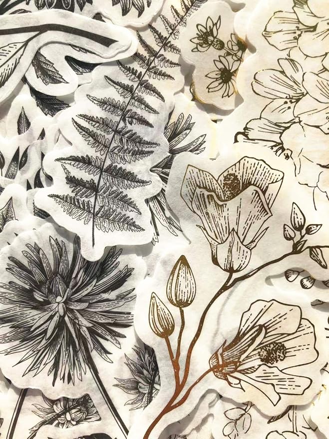Vintage Zen Botany Flower Washi Sticker Pack, Artsy Natural Black-and-White Plants with Golden Sketch Decals Collection, Wild Plants Gray and Gold Set – 120 Pcs