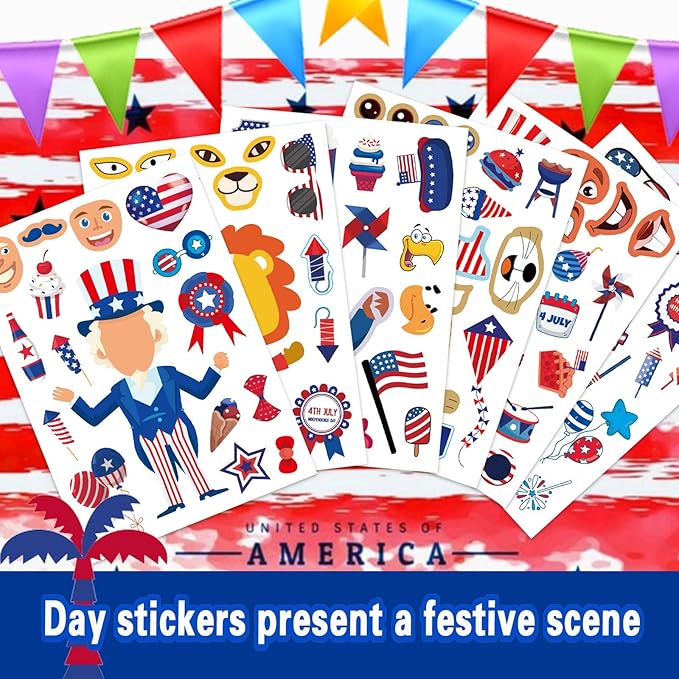 24 Sheets 4th of July Sticker, Make-a-face Sticker for Kids, Independence Day Make Your Own Stickers, Fourth of July American Birthday Patriotic Crafts Stickers, Veterans, Memorial Day