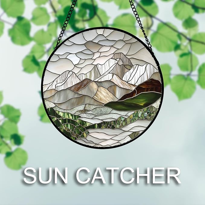 Stained Glass Window Hanging 4 Pcs Set Mountain River Landscape Large 15" - Suncatcher Door Garden Sun Catcher Decor Birthday Mother's Day for Mom Woman Nana Girl Boy Friend