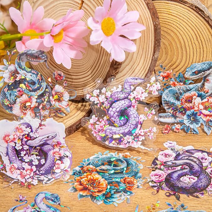 30-Pack Large Holographic Floral Snake Reptile Clear Scrapbook Stickers – Vibrant Serpent Decals with Flowers for Journals, Laptops, Water Bottles, Resin Art Projects
