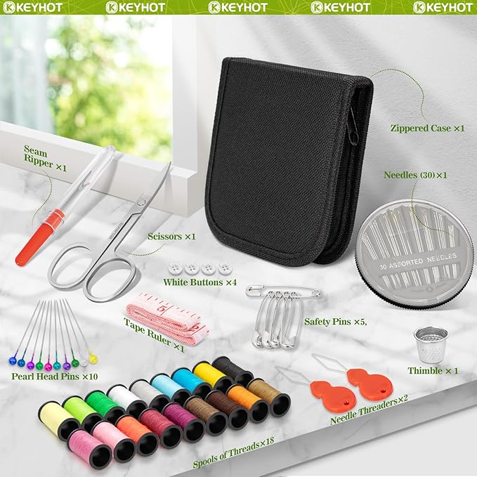 KEYHOT Sewing kit Basic,Needle and Thread Kit,Travel Small Sewing Machine Supplies for Adults Beginners Men, Home Travel Emergency Including Scissors Measure Tape Needle Threader (74pcs)