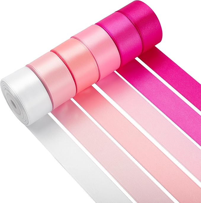 LIUYAXI Pink Satin Ribbon 1 Inch X 6 Rolls Total 60 Yards Double Faced Pink Ribbon Set for Gift Wrapping Craft Wedding Decoration