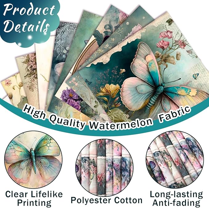 HunnmingRe 20 Pcs 10''x10'' Vintage Butterfly Quilting Fabric Square Retro Butterfly Quiltted Fabric Bundle Multicolor Floral Precuts Printed Patchwork Supplies for Holiday DIY Sewing Craft