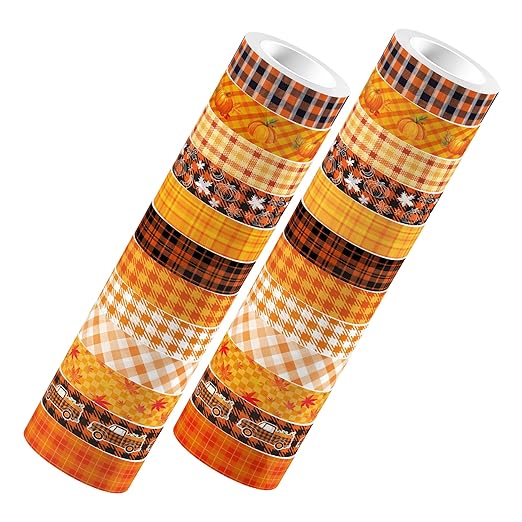 12 Rolls Fall Plaids Washi Tape, Autumn Maple Leaves Pumpkin Masking Washi Tape 15mm, Thanksgiving Harvest Decorative Tape Sticker for Scrapbook, Journal, DIY Craft, Gift Wrapping