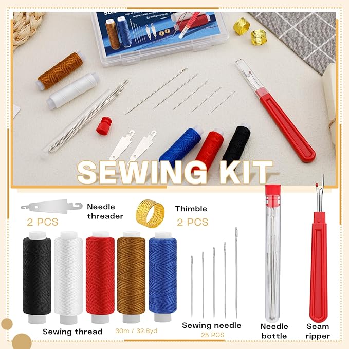 37 PCS Big Eye Steel Sewing Needles Kit, Steels Needle for Hand Sewing with Thimble, Threader, Thread Rippers for Beginner Traveler and Clothing Repair
