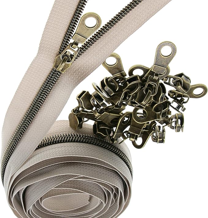 #5 Antique Brass Metallic Nylon Coil Zippers by The Yard Bulk Beige Tape 10 Yards with 25Pcs Pulls for DIY Sewing Craft Bags YIGUANXIN