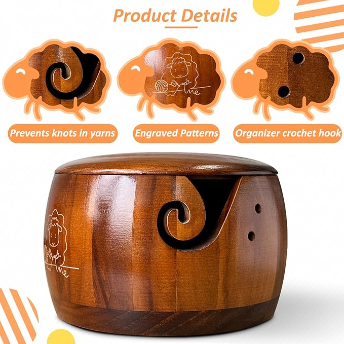 Wooden Yarn Bowl,Yarn Bowl with Lid, Knitting Yarn Bowl with Holes Storage,Yarn Holder Bowl for Crocheting and Knitting 7.2X4.2in,Crochet Bowls for Yarn,Knitting Bowl for Handmade Crocheting