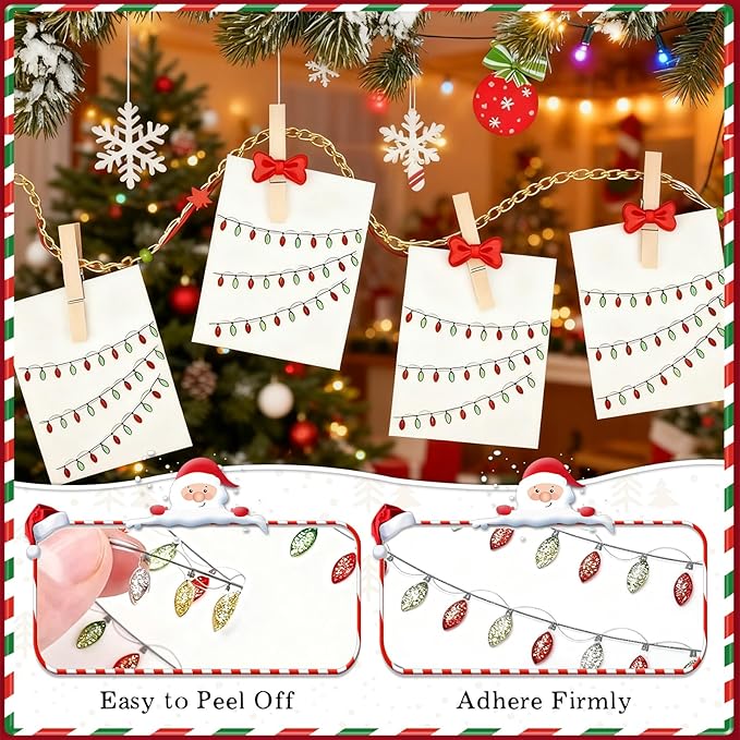 2026 Christmas Lights Stickers for Crafts, 64PCS Christmas Light Embellishment, 3D Gemstone Border Sticker, Lights Glitter Adhesive Decals for Xmas Crafts Scrapbooks Decoration